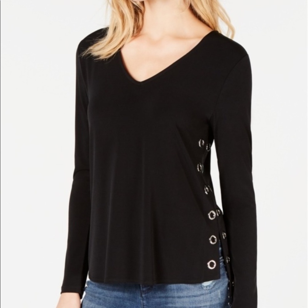 INC Grommet Trim V-Neck Long Sleeve Top Women’s Small Black